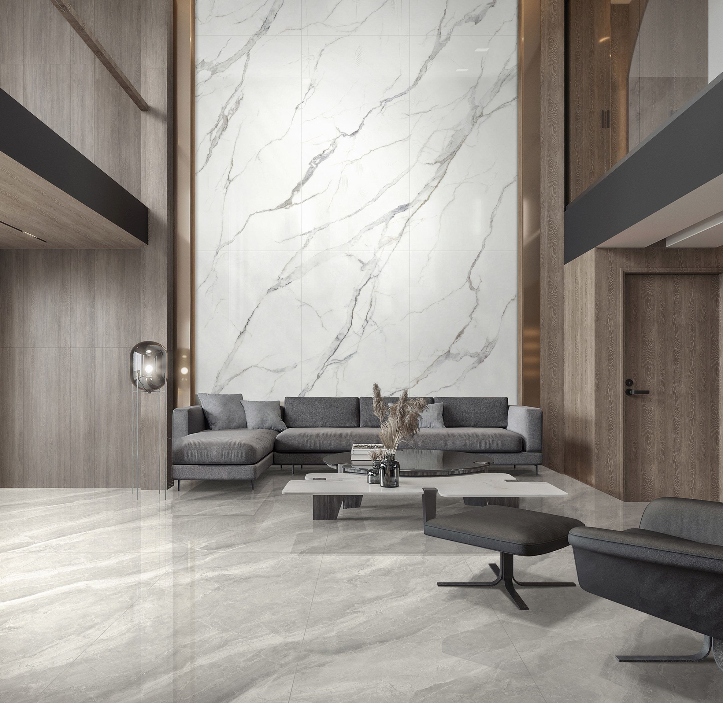 Faux marble porcelain tiles from Endless Vein collection by Kaolin in a foyer