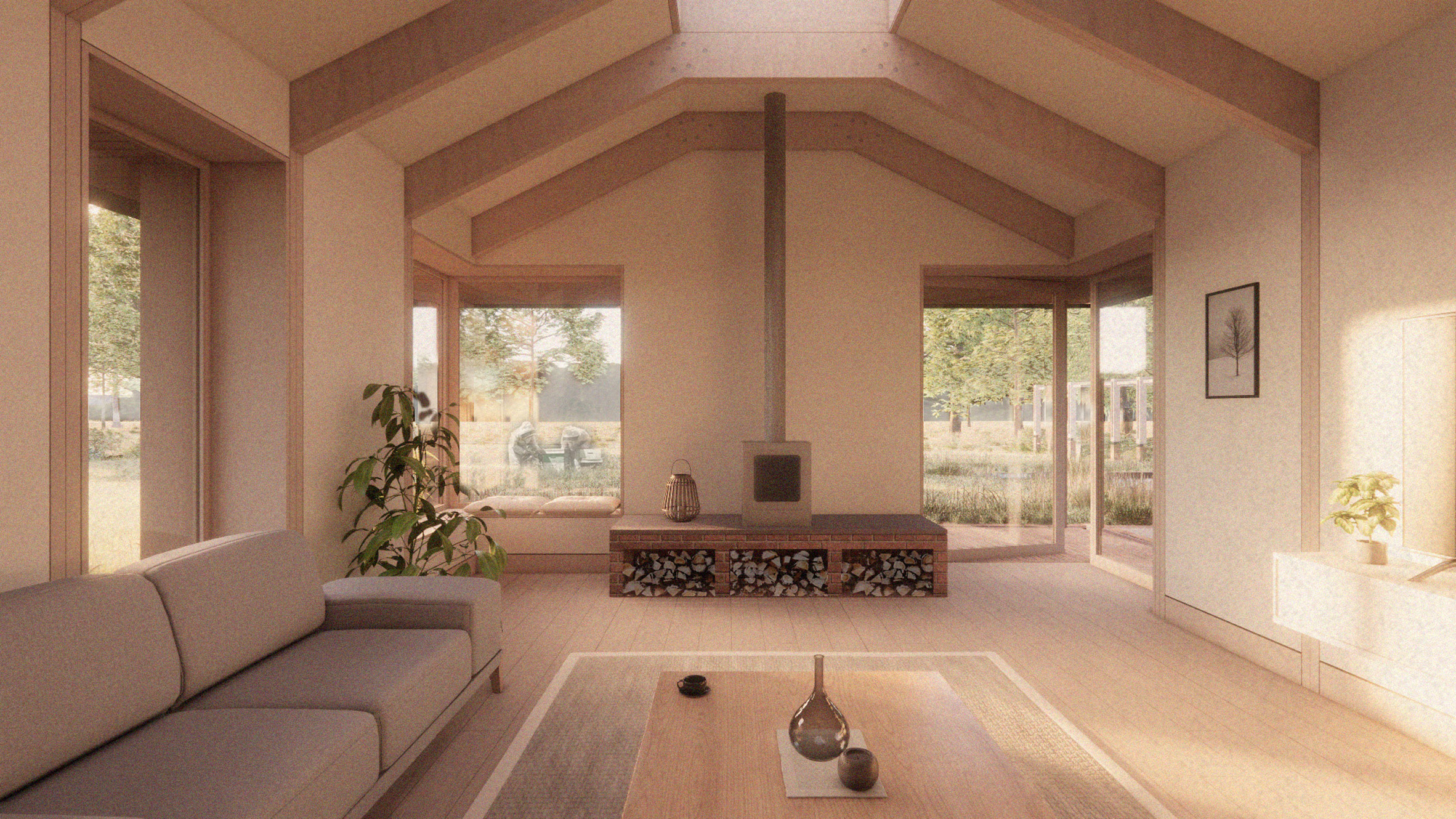 Render of living interior at water-powered home by Studio Bark