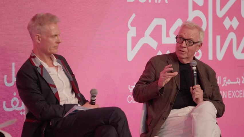 Still image of David Chipperfield speaking at a panel event with Tim Marlow seated to his right