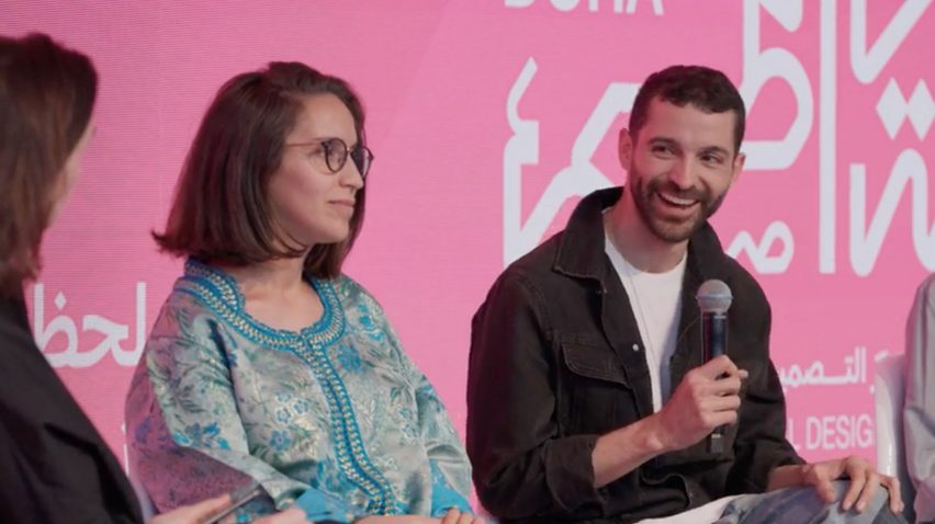 Video frame of Adrian Pepe speaking on a panel at Design Doha