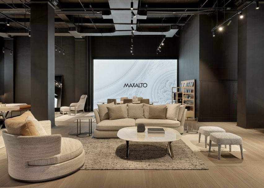 A show room with white furniture