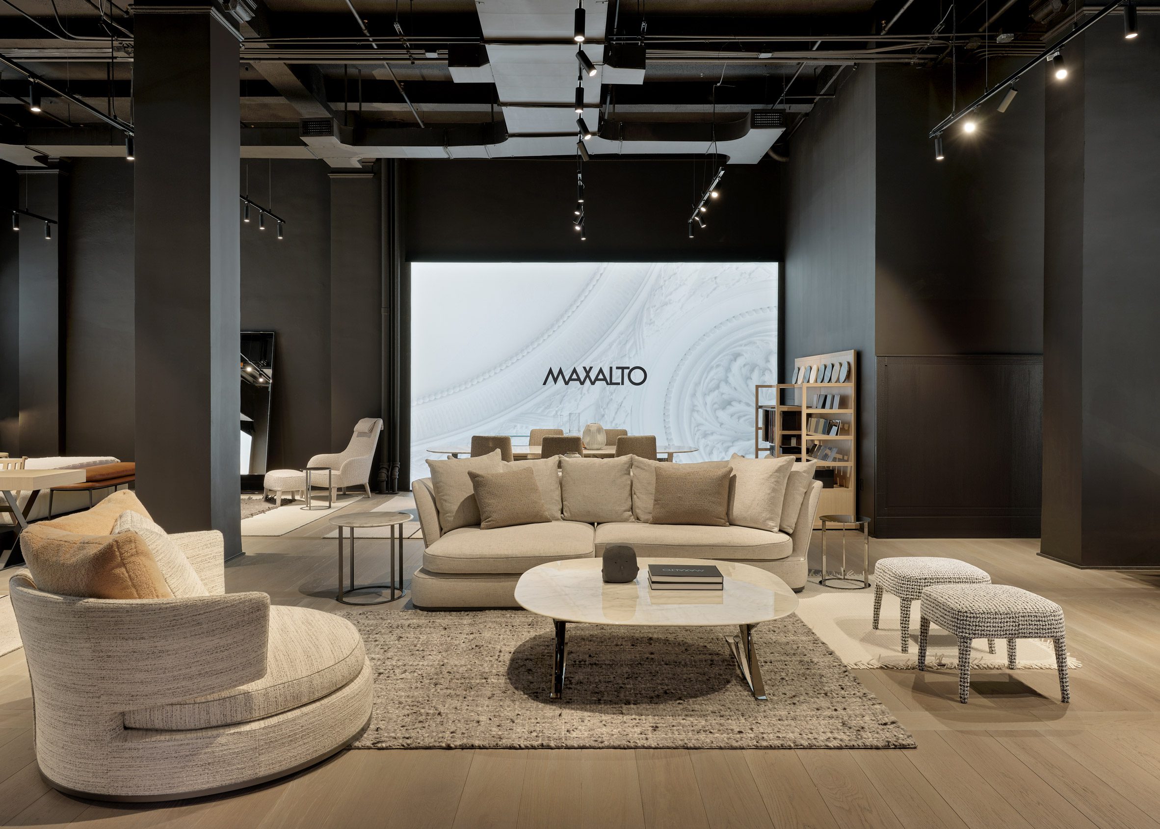 A show room with white furniture