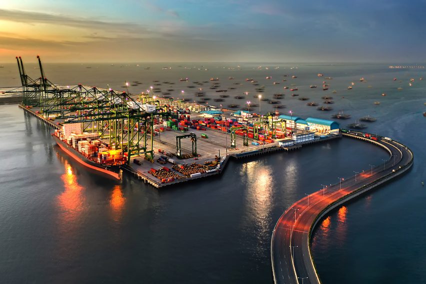 The New Priok Container Terminal in Indonesia at sunset
