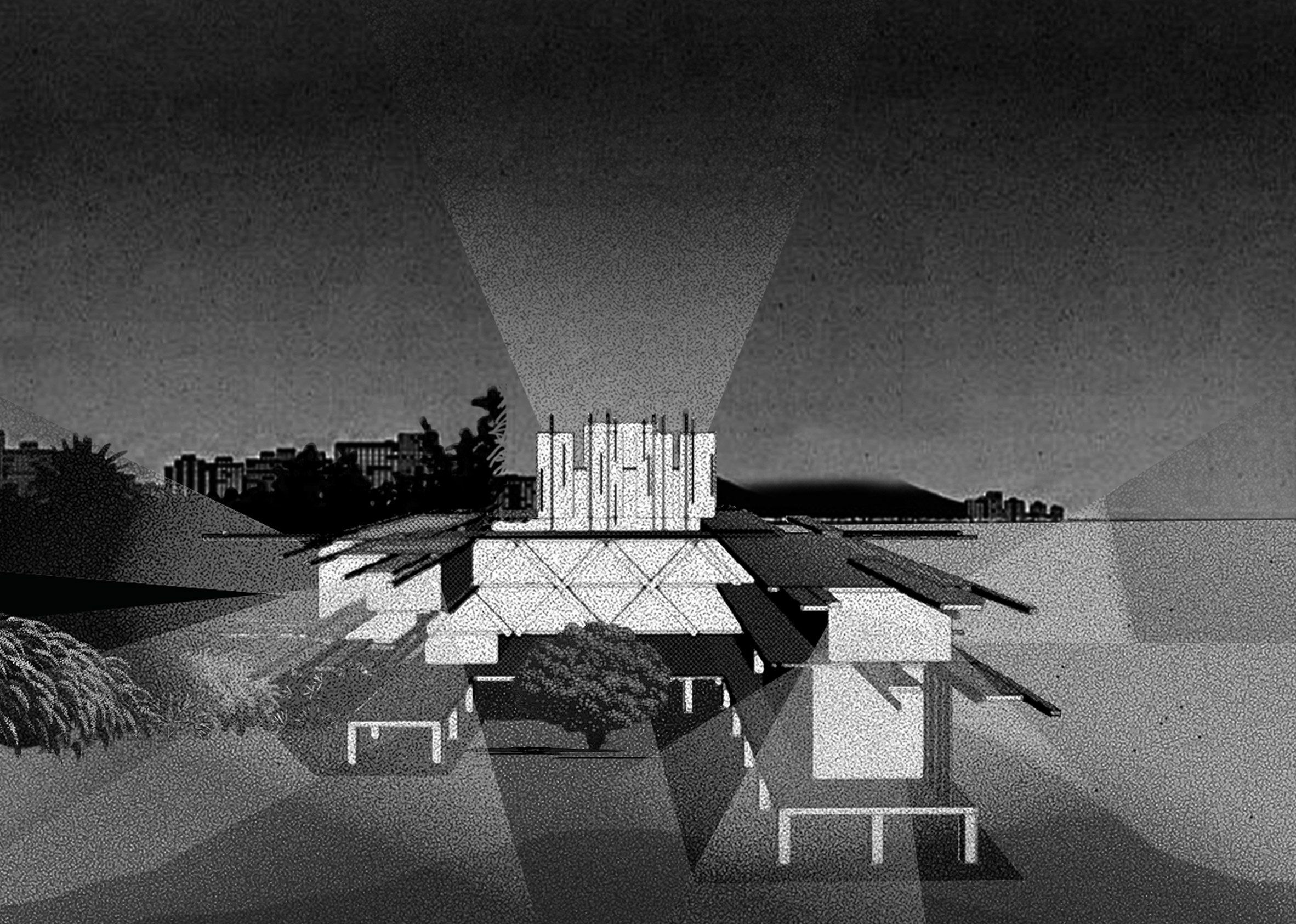 Black and white visualisation of a theatre