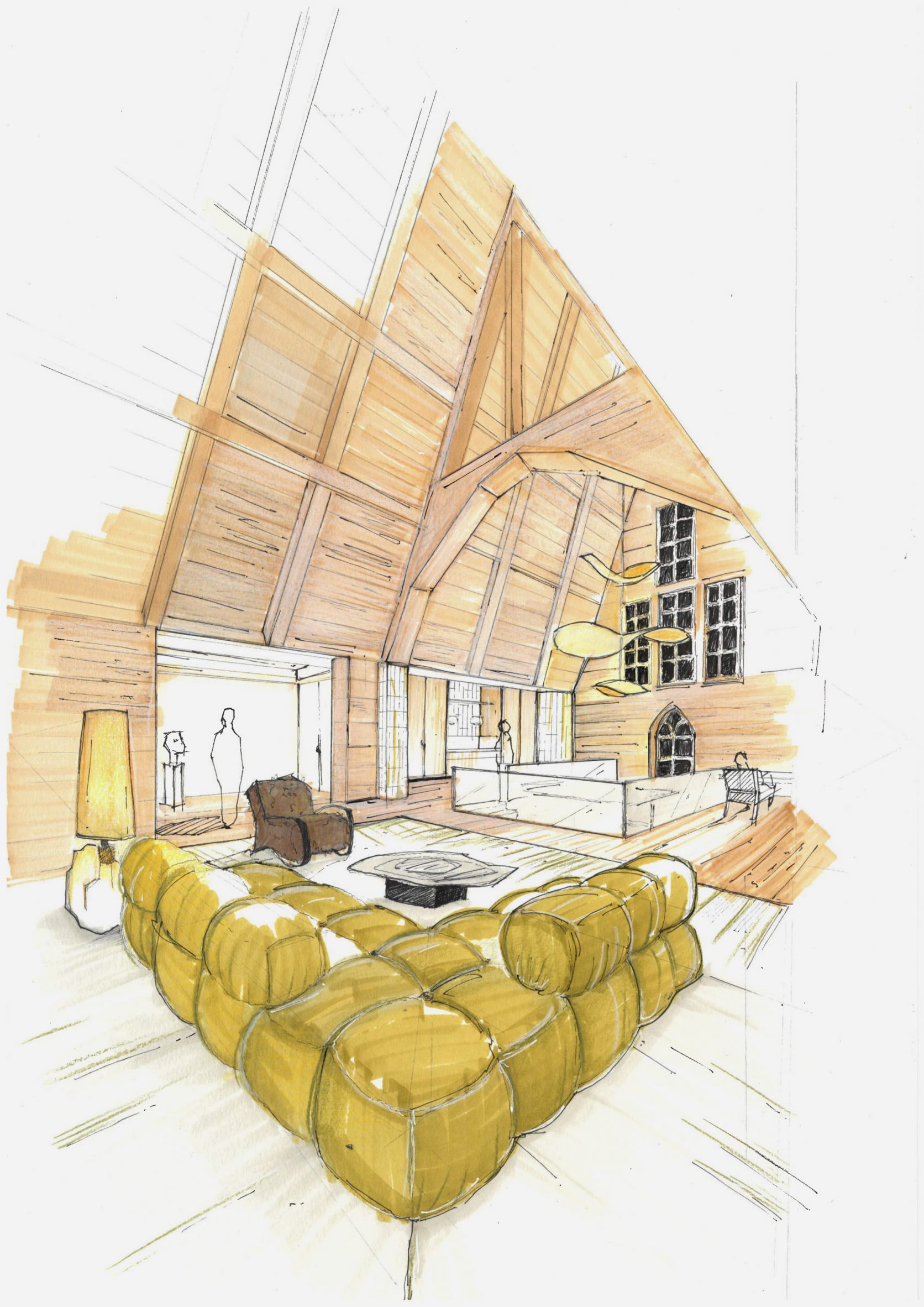 Hand-illustrated view of a converted chapel interior
