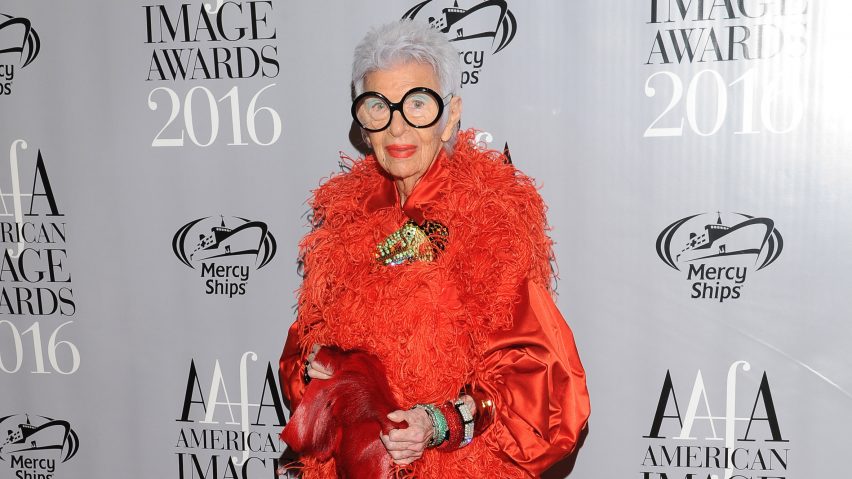 Iris Apfel wearing red outfit