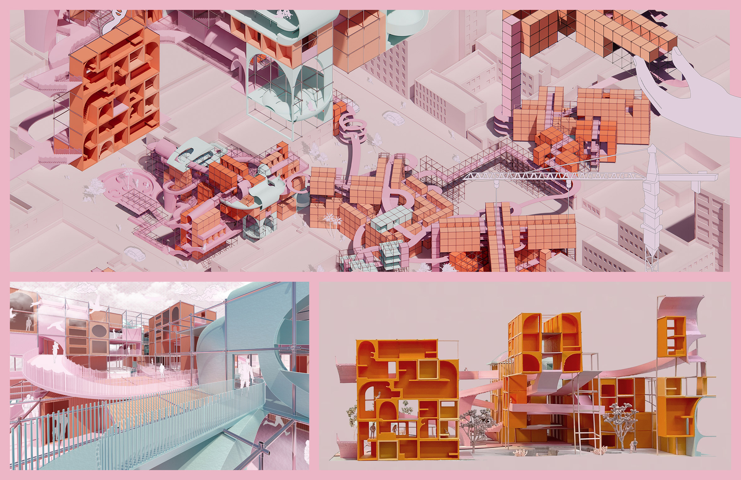 Various visualisations and models of a pink and orange building
