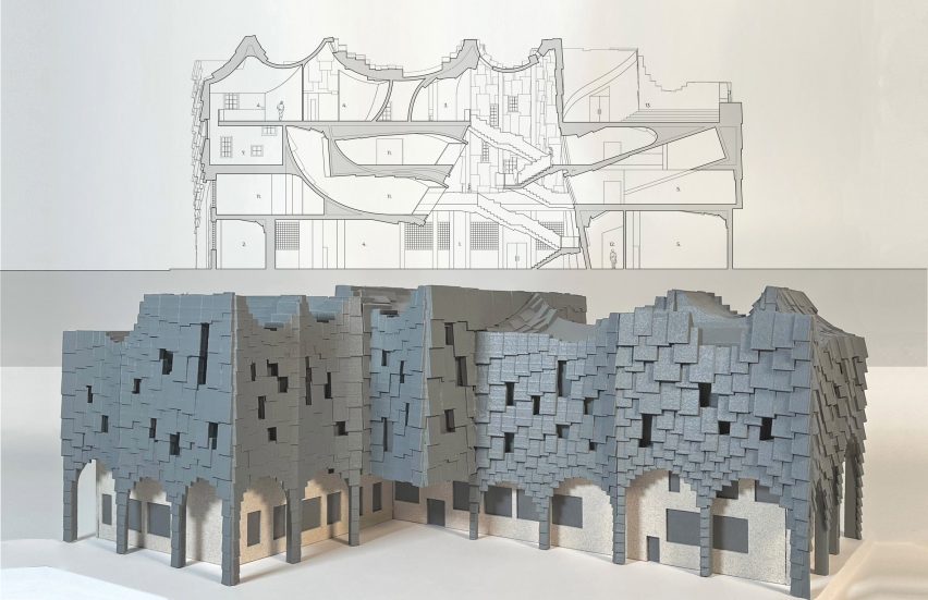 Architectural model and a sectional view of a multi-storey building