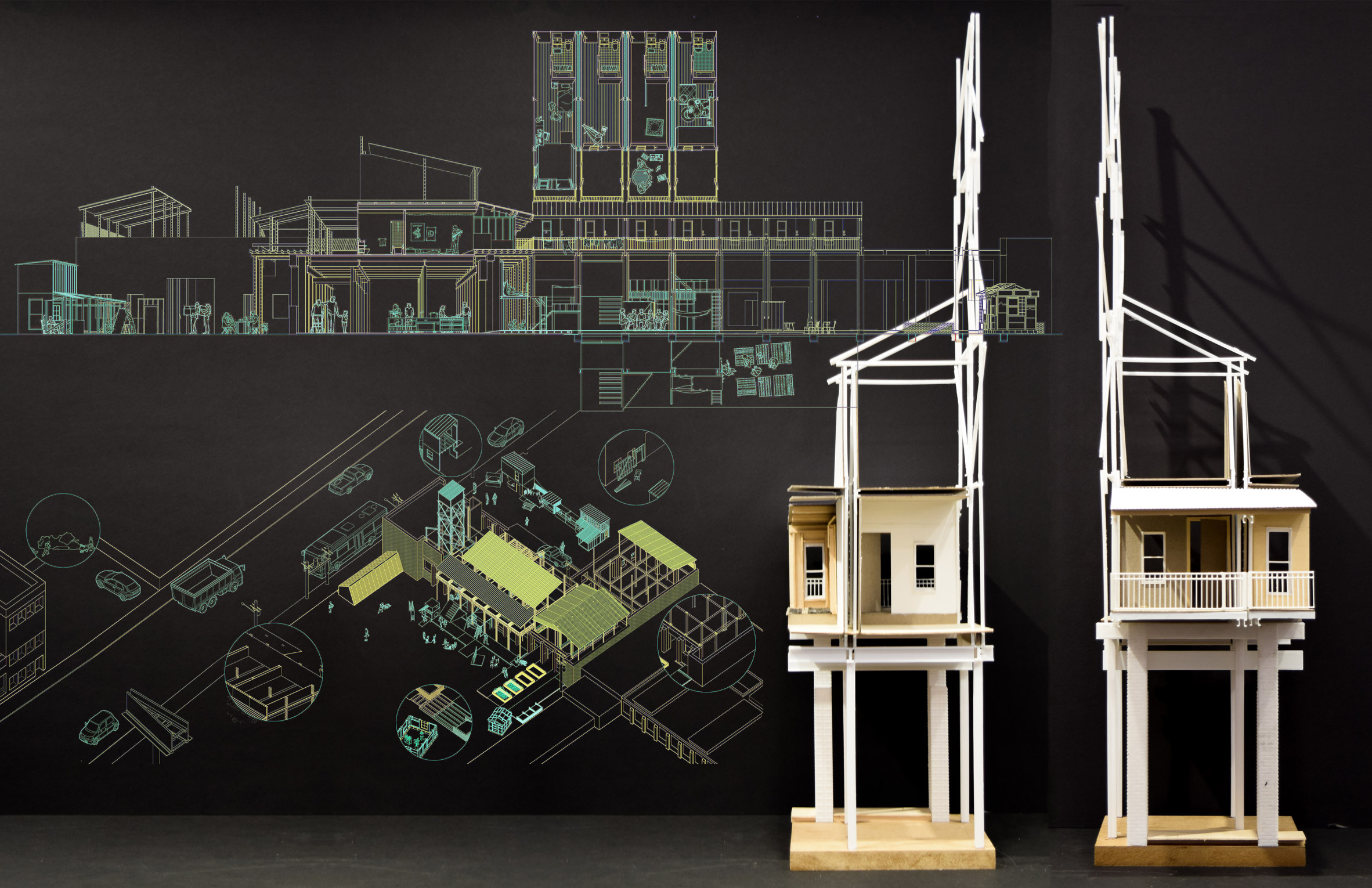 Architectural model and a sectional view of a multi-storey building