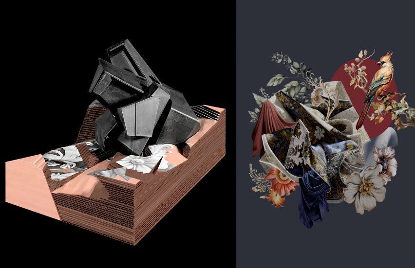 Architectural model and a visualisation of flowers and birds