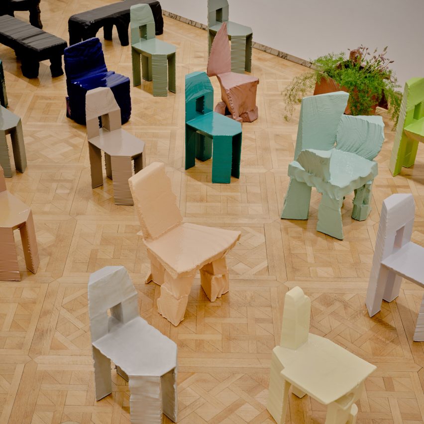 Max Lamb colourful furniture on parquet wooden floor