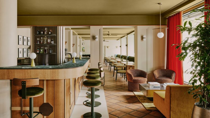 Bar area of hotel in Switzerland with parquet floors