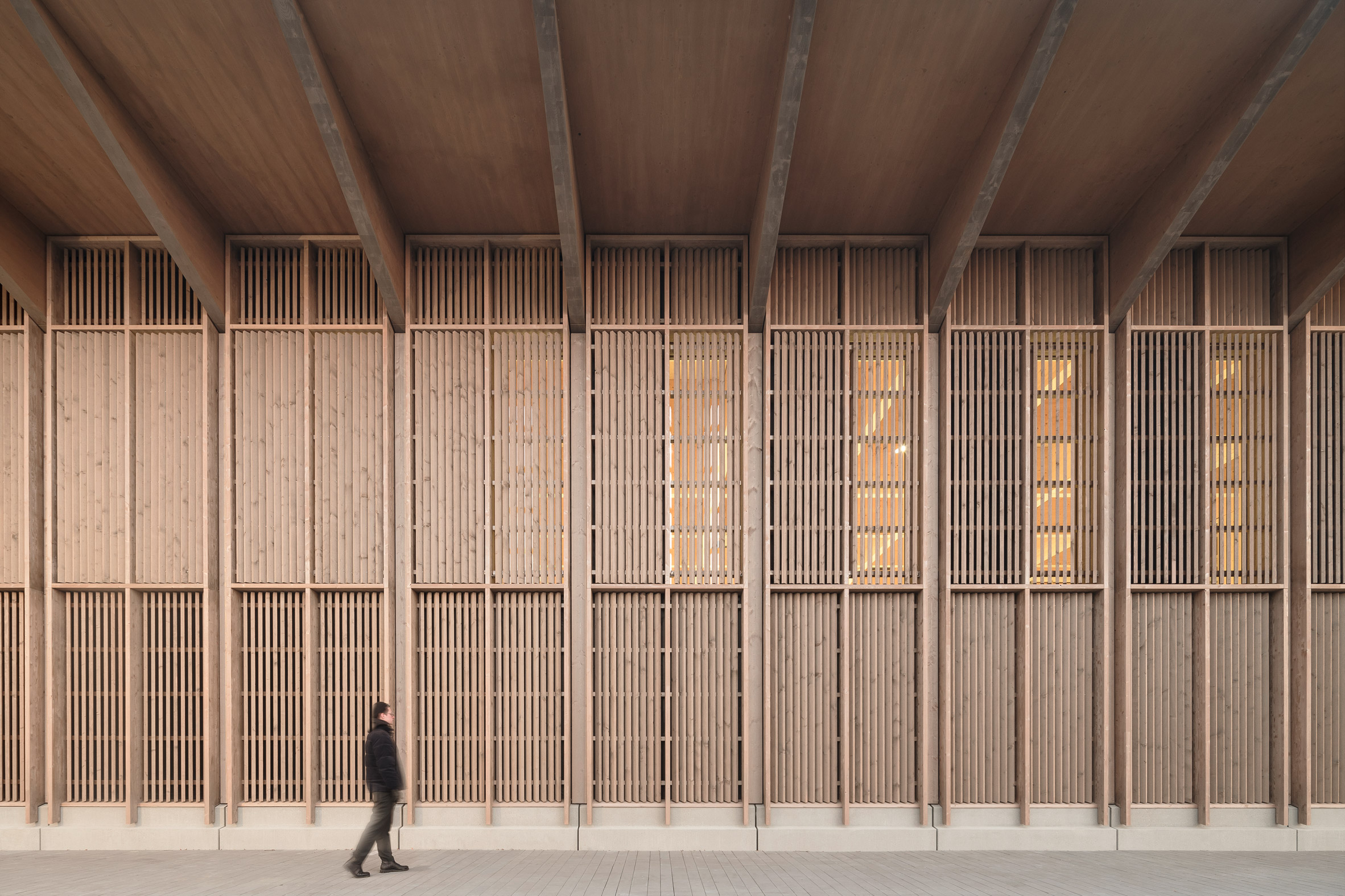 Rhythmic timber facade of a multipurpose hall