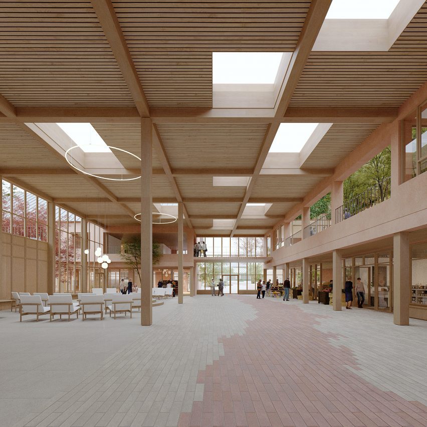 A wooden ceiling with skylights