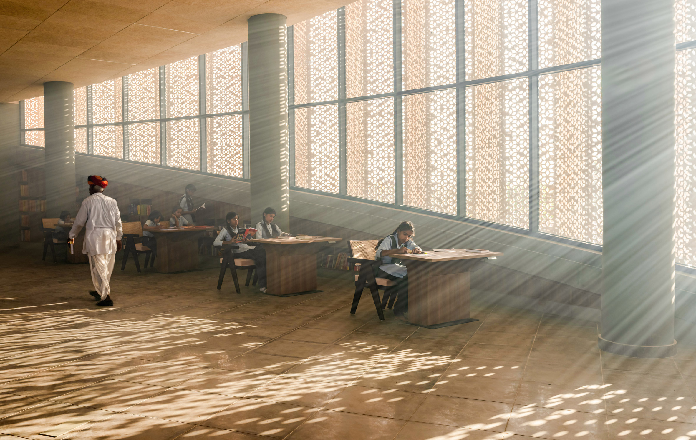 Internal library and learning space in Nokha Village Community Centre by Sanjay Puri Architects in India
