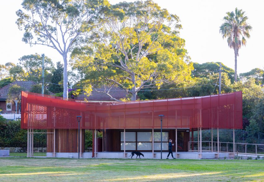 Red mesh roof of Hurlstone Park Community Centre in Sydney