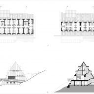 Upper floor plans, sections and elevations of The Shelter Santnerpass by Senoner Tammerle Architekten