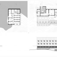 Lower floor plans and elevation of The Shelter Santnerpass by Senoner Tammerle Architekten