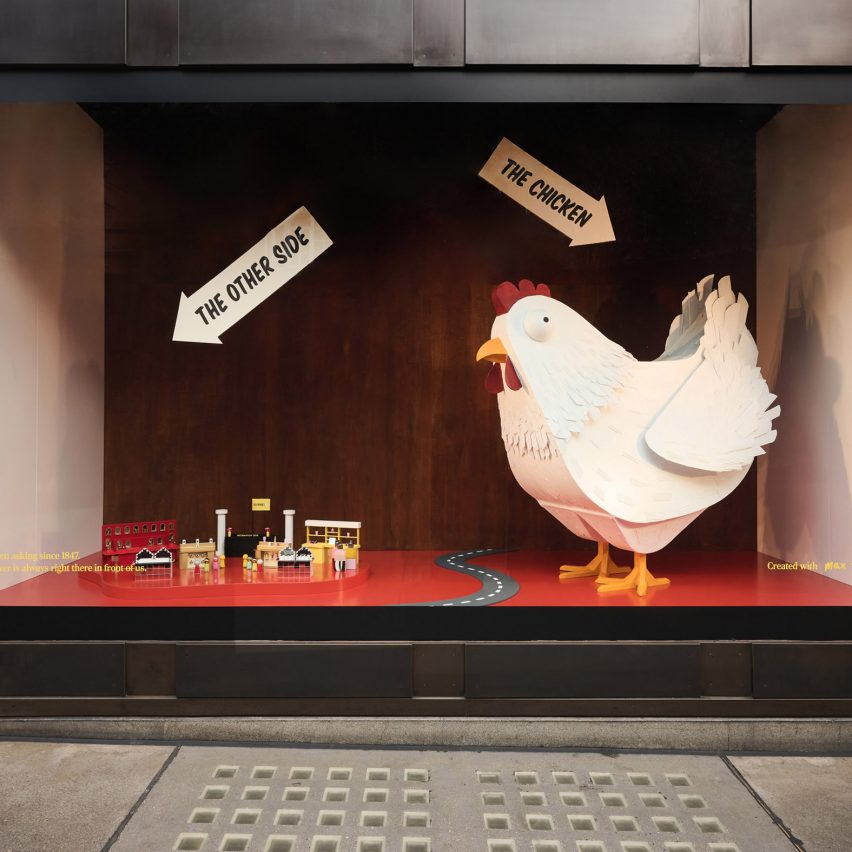 A chicken crossing the road in Selfridges' window