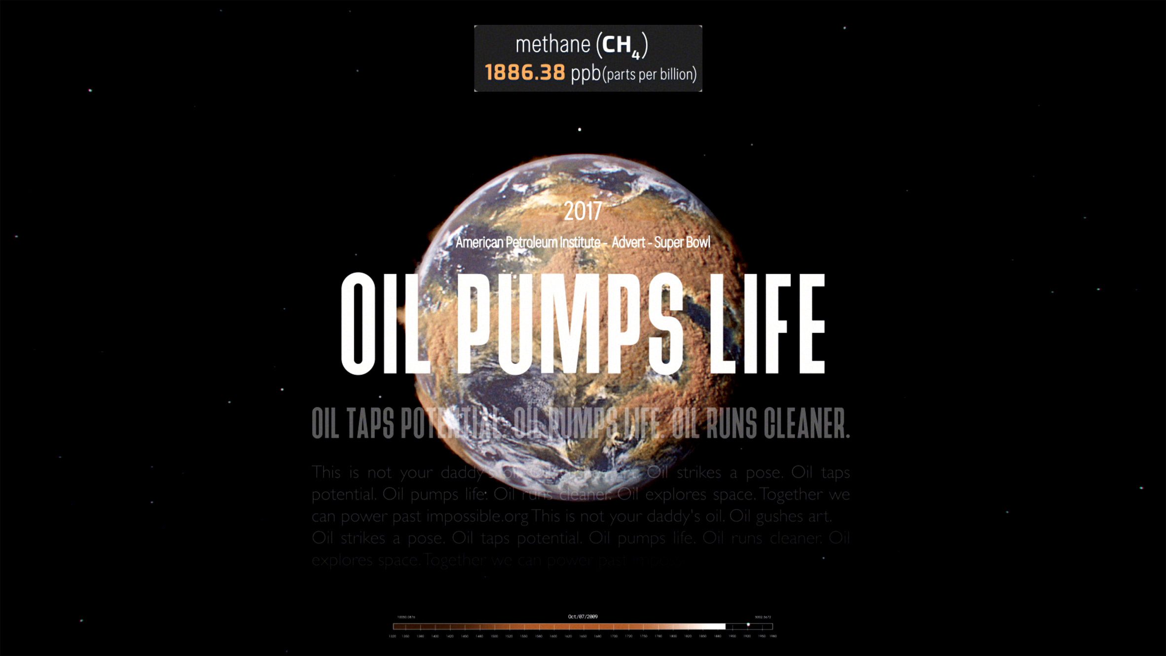 Still from Smoke and Mirrors showing a planet Earth clogged with brown gas and the words 'oil pumps life' overlaid on top