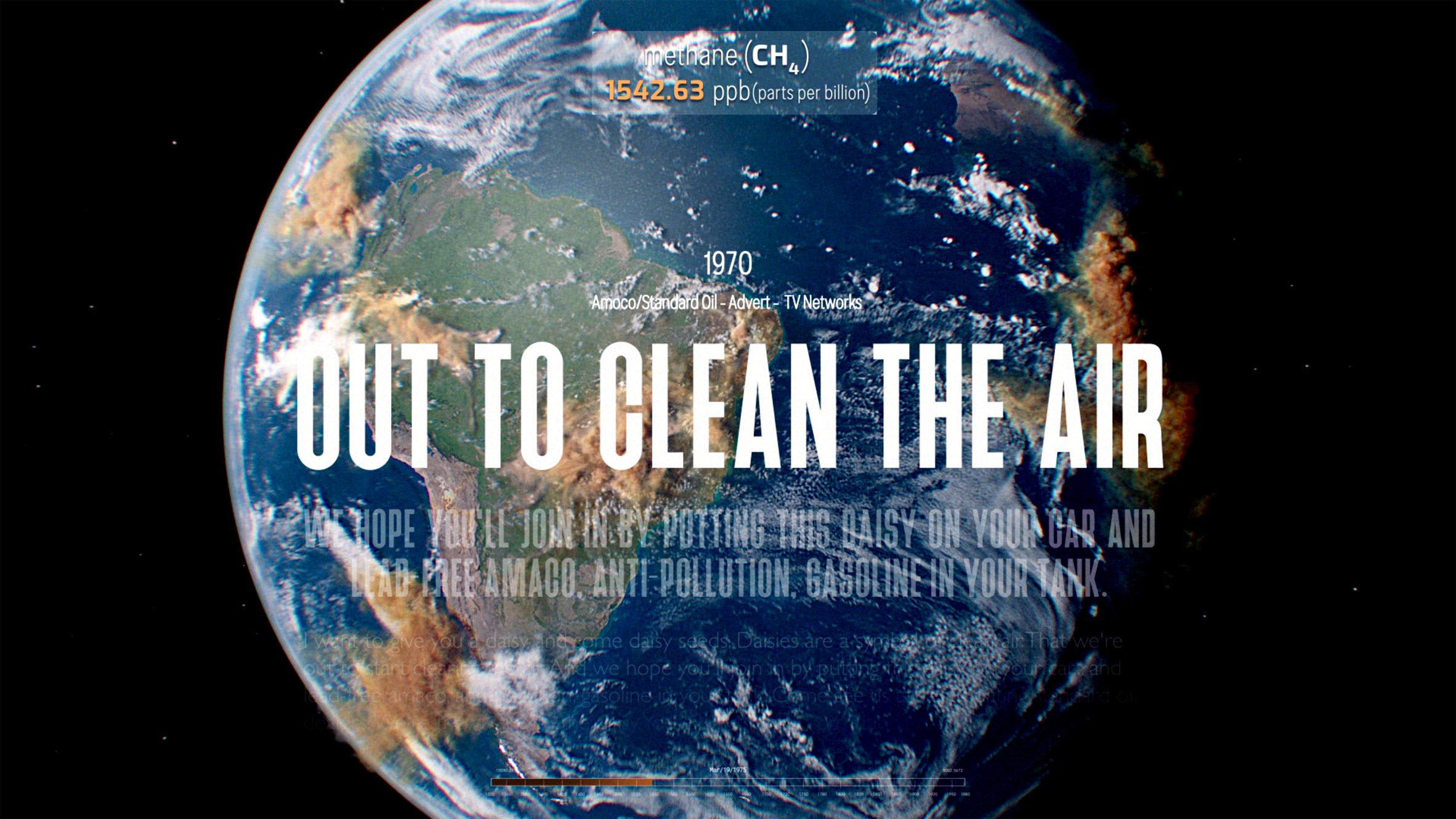 Still from Smoke and Mirrors showing an image of the planet Earth overlaid with text reading 'Out to clean the air'
