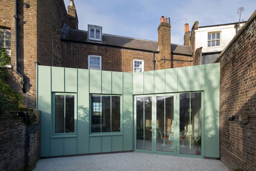 Mint green metal cladding of The Saddlery by Studio Octopi in London