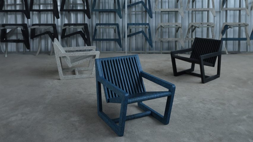 White, blue and black Ombak chairs with armrests by Sungai Design