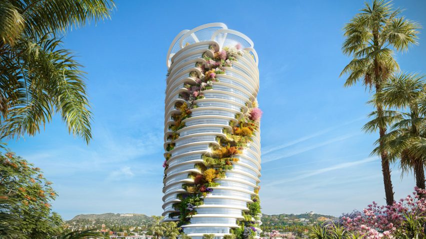 A building with plants spiraling up side