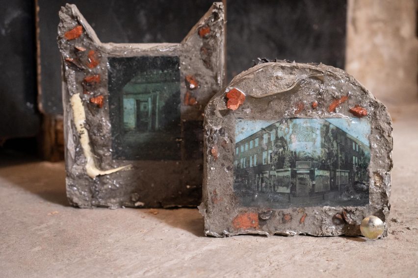 Photo frames that appear to be made from rubble