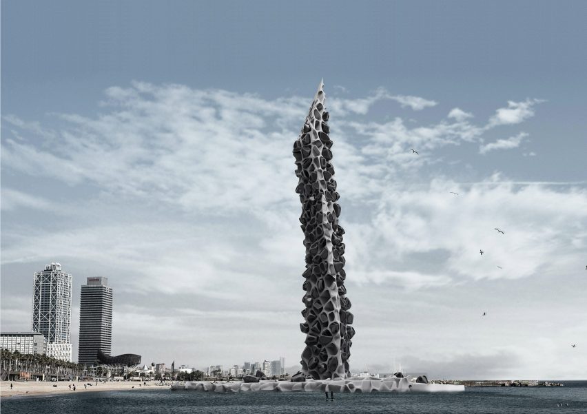 Tower rising up from a beach