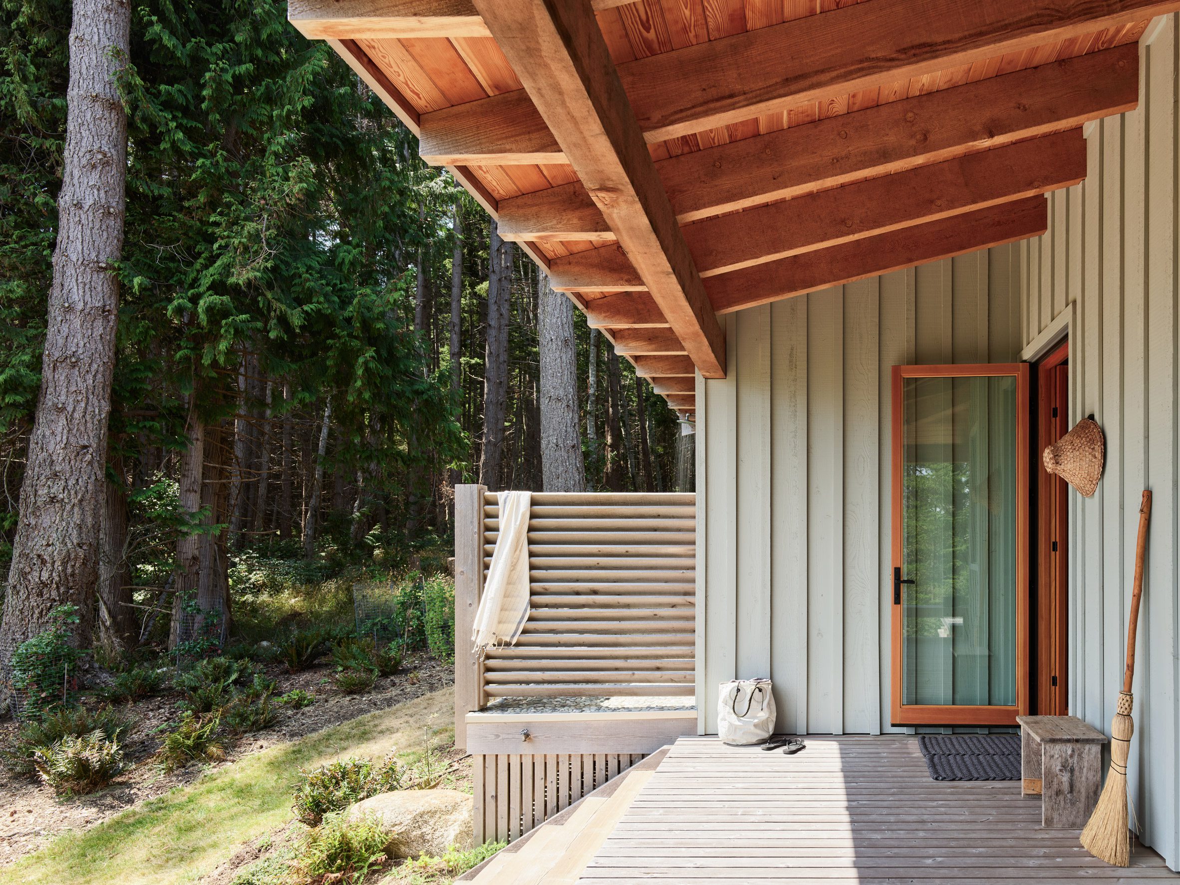 A porch with an overhanging roof