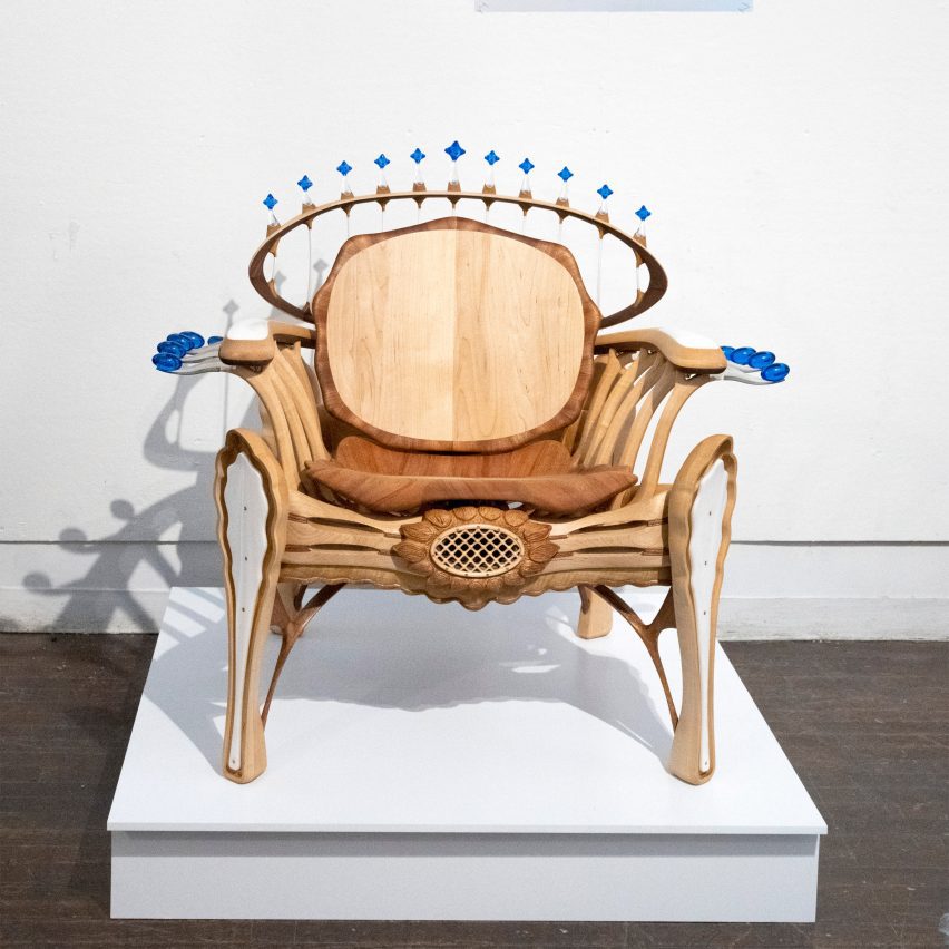 Photo of wooden chair with blue stones