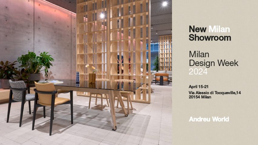 Graphic for Andreu World's event during Milan design week with a photo of the brand's furniture