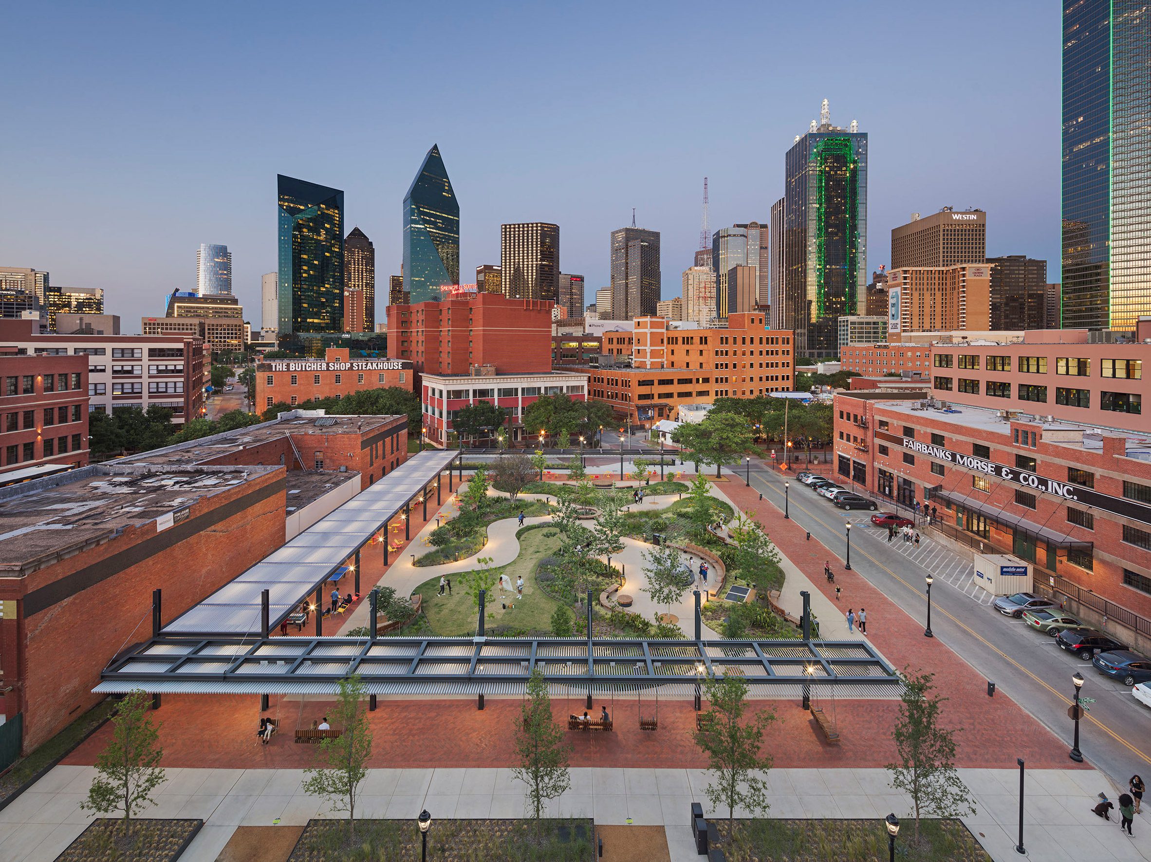 A former parking lot turned into a green open urban space