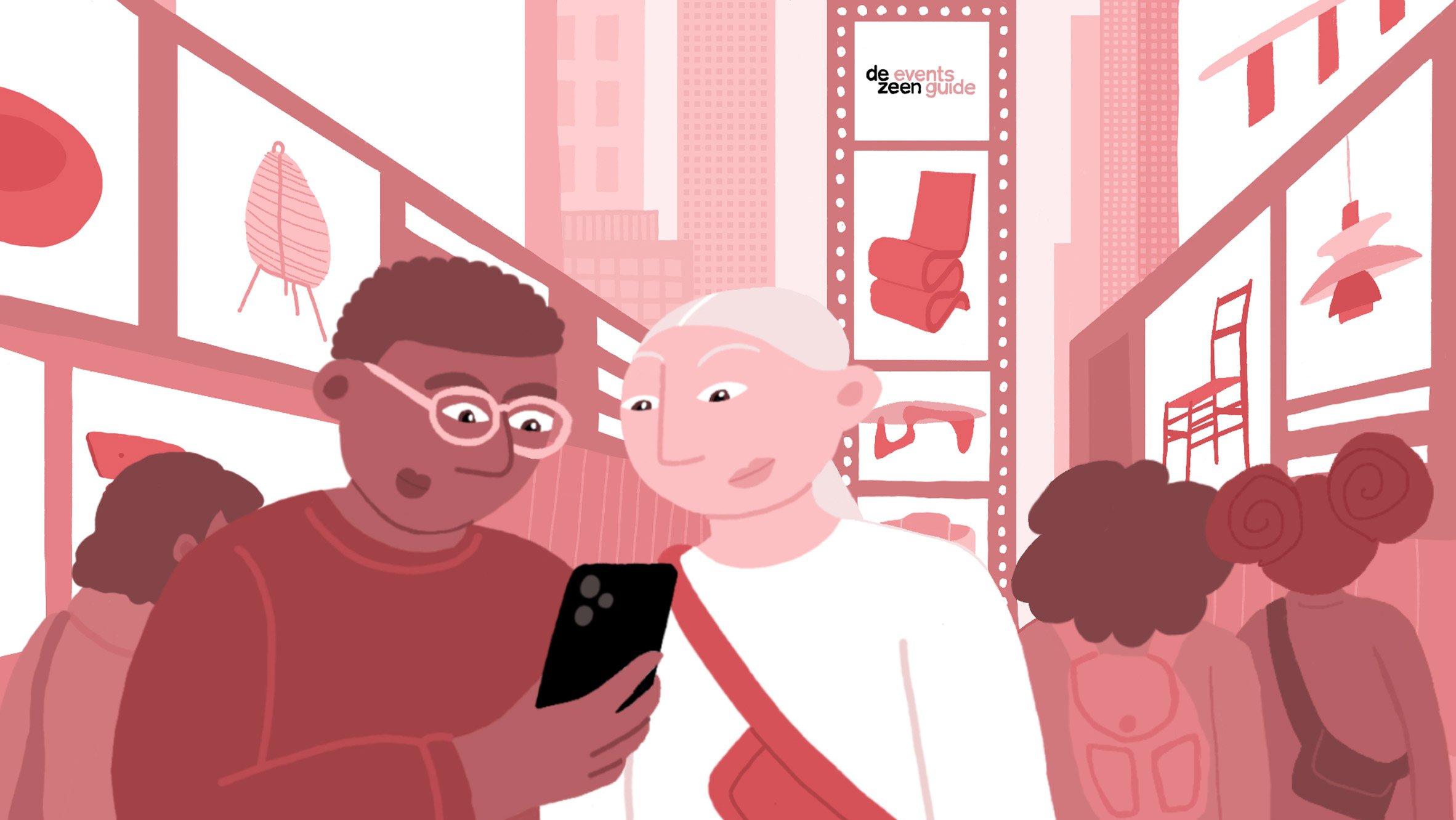 Illustration of people looking at a phone in New York