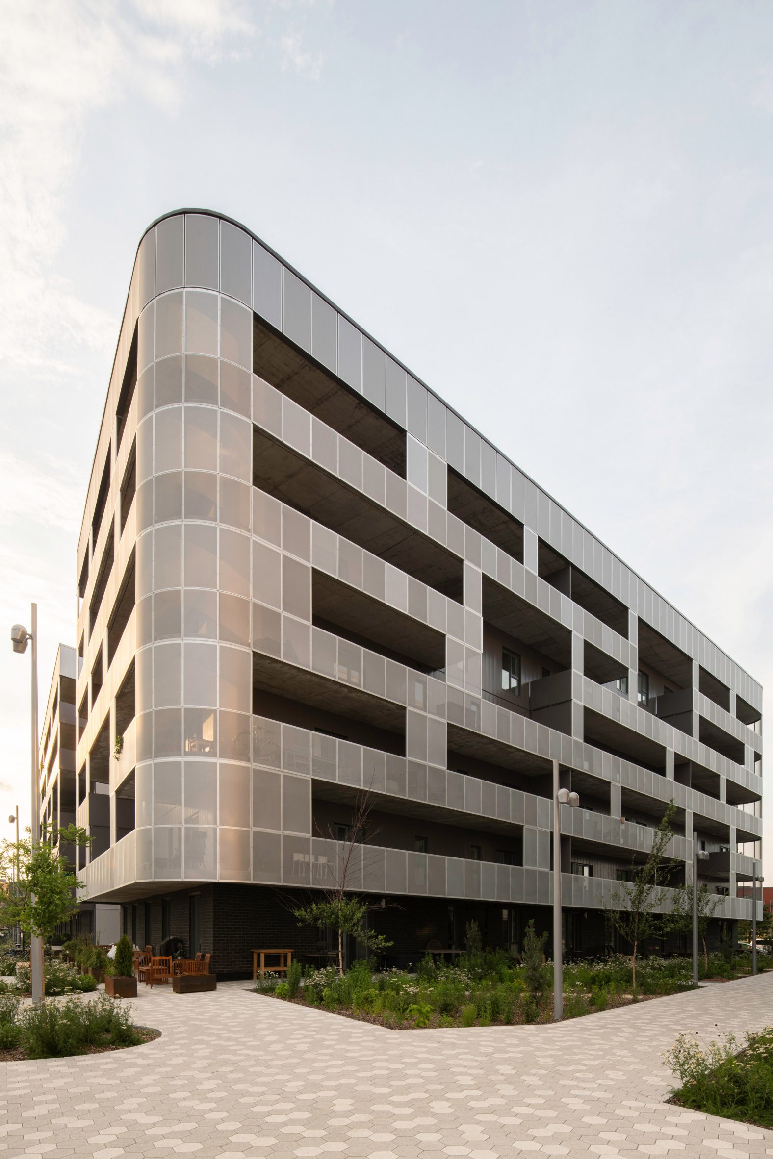Metal mesh facade on apartment building