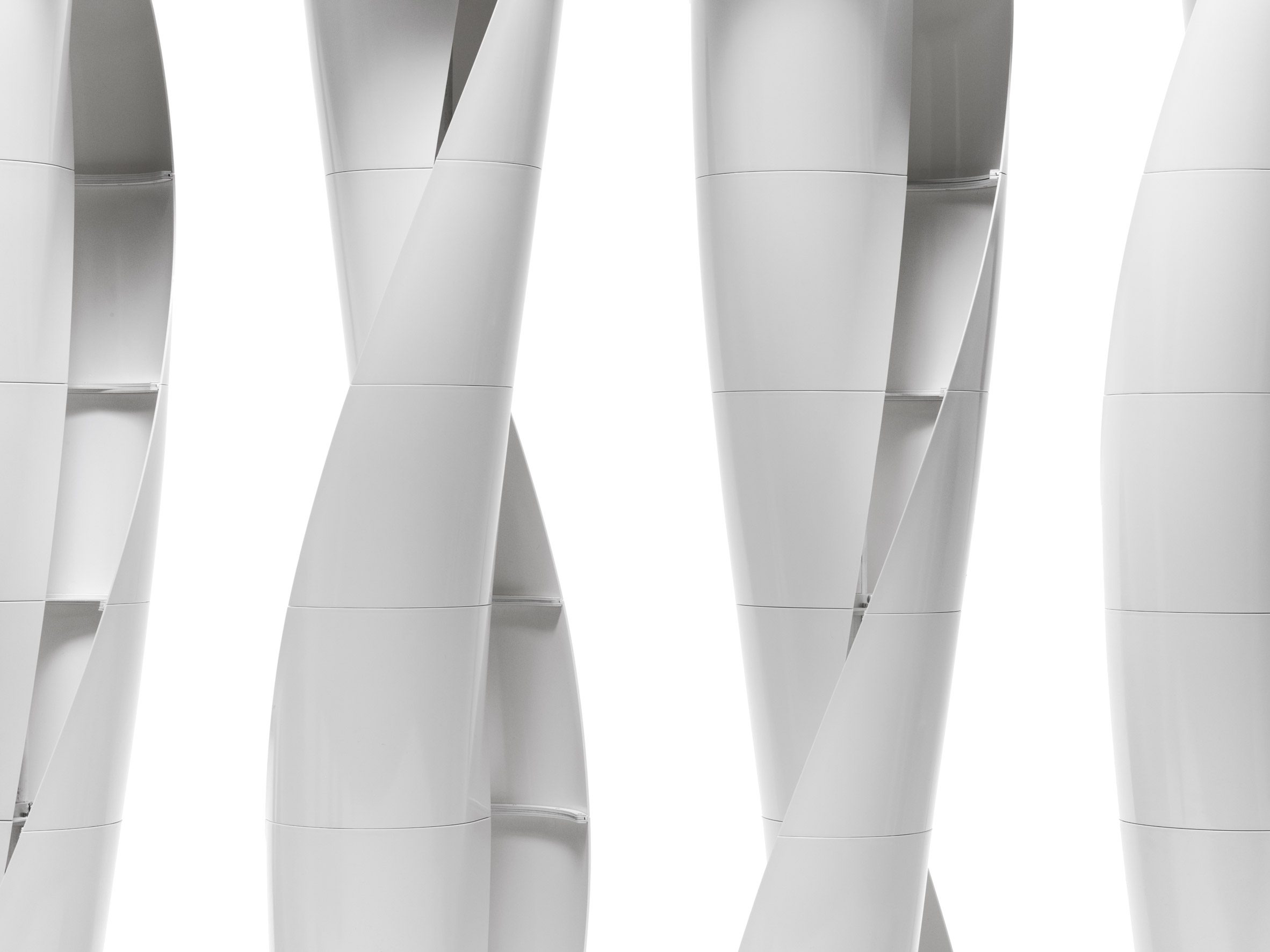 Rendering of smooth, white helix-shaped turbine blades spinning at different positions