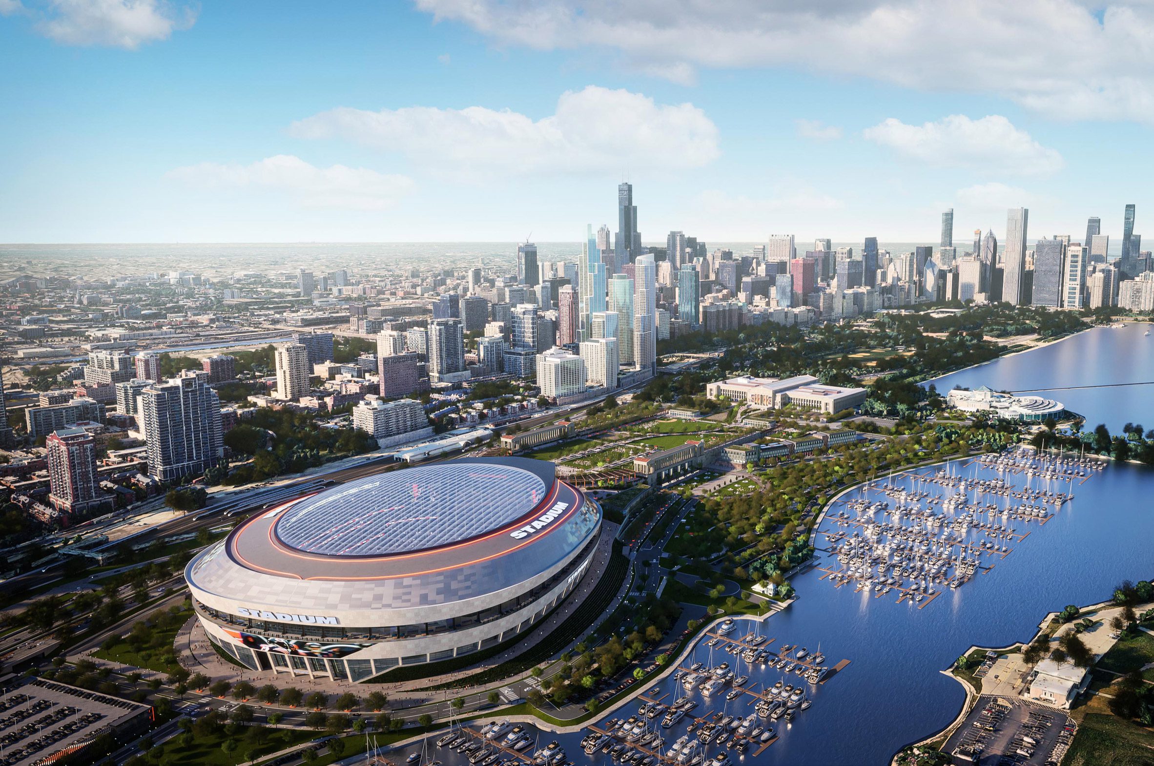 New Bears stadium with Chicago in the background