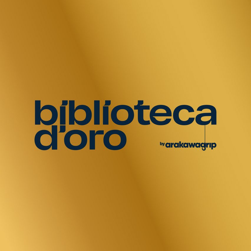 biblioteca d'oro logo with a yellow background