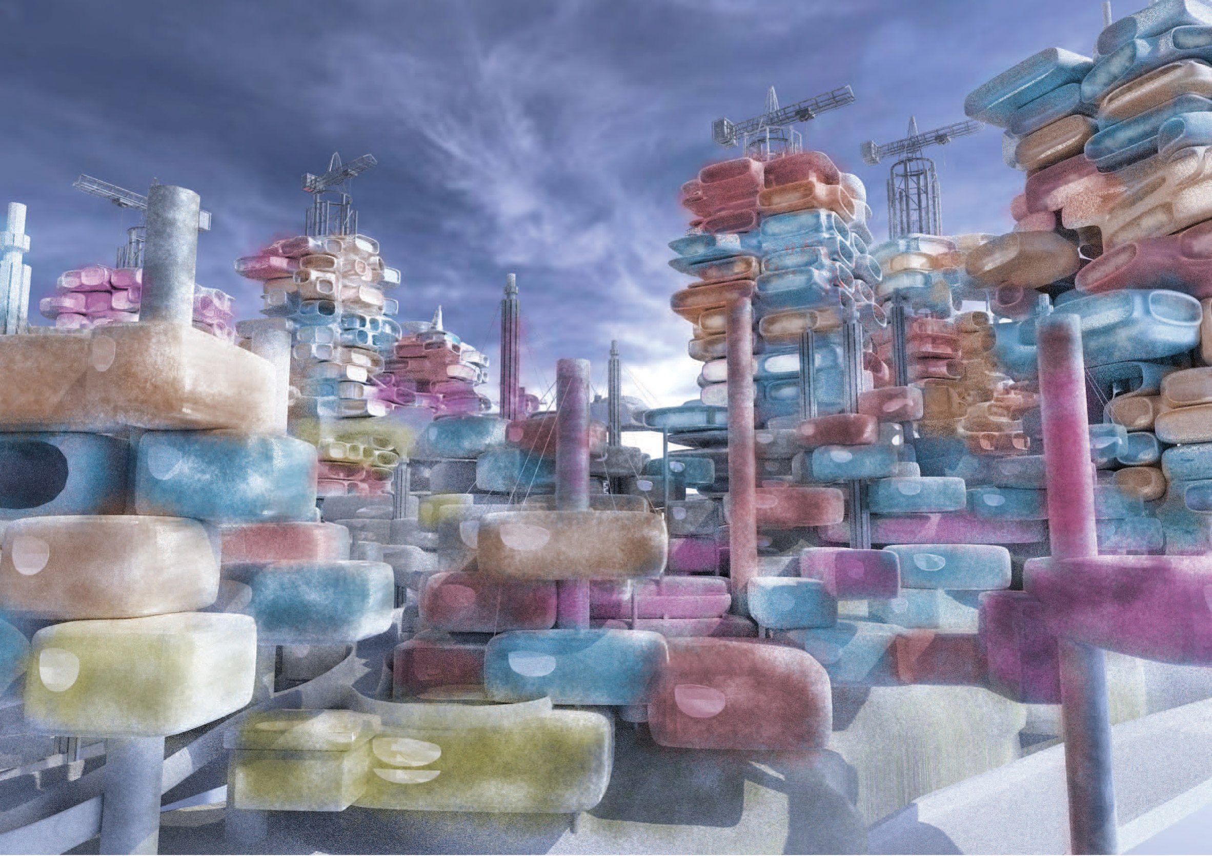 Visualisation of a city with pastel-coloured modules