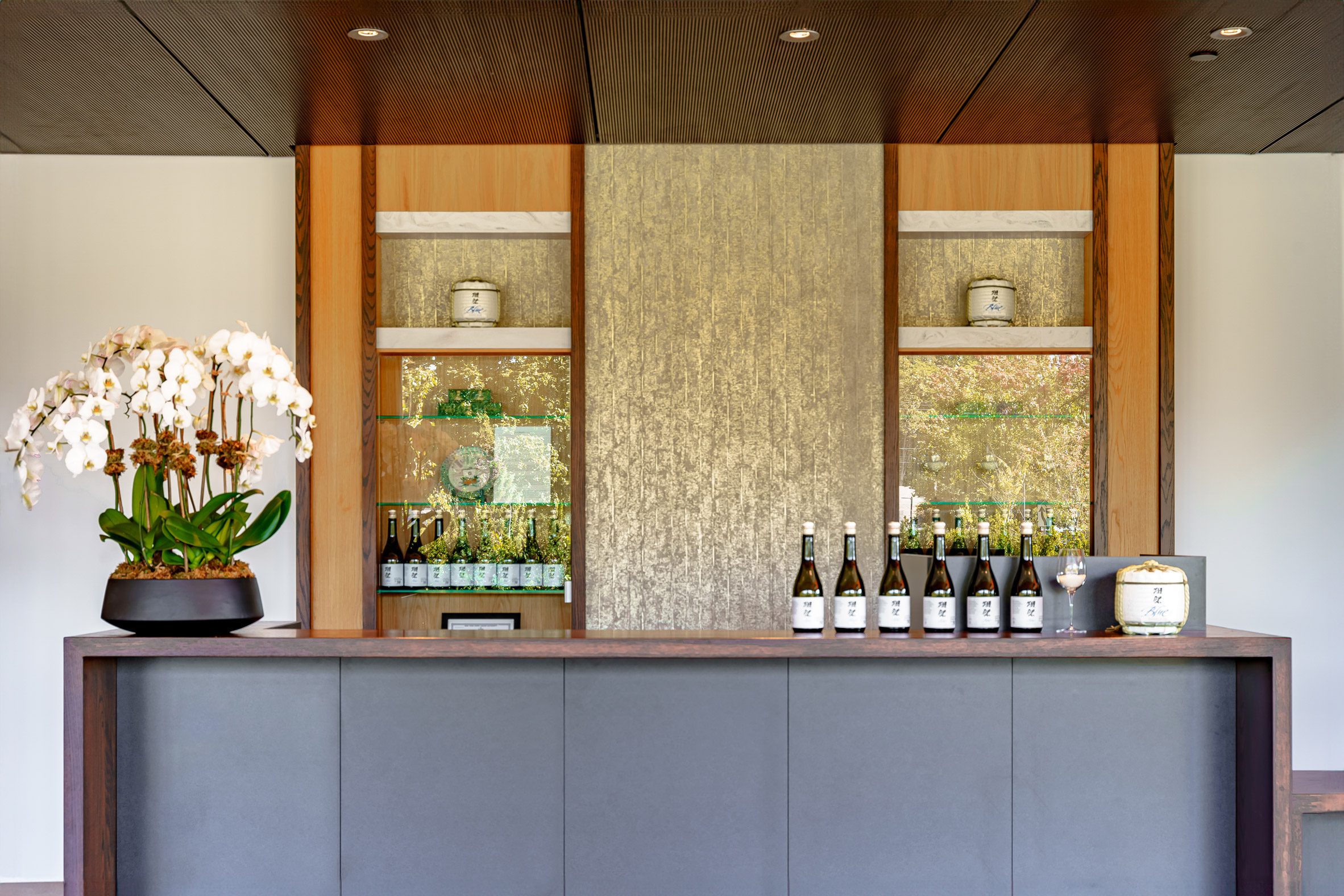 Tasting room with shelves and bottles