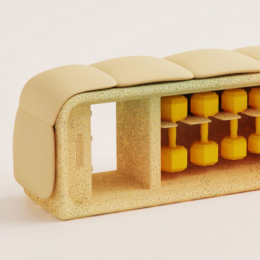 Close up of Patricia Urquiola's yellow exercise bench designed for Technogym