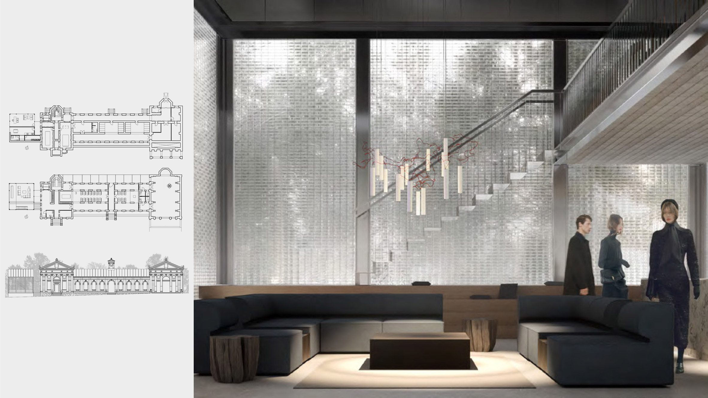 Visualisation of an interior next to elevation and floor plan drawings of a building