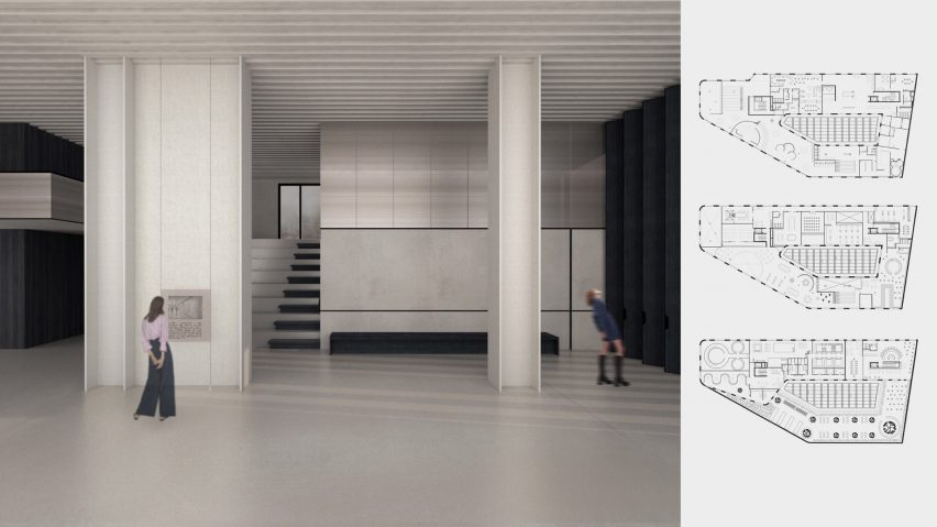 Visualisation of a lofty interior next to a series of floor plans