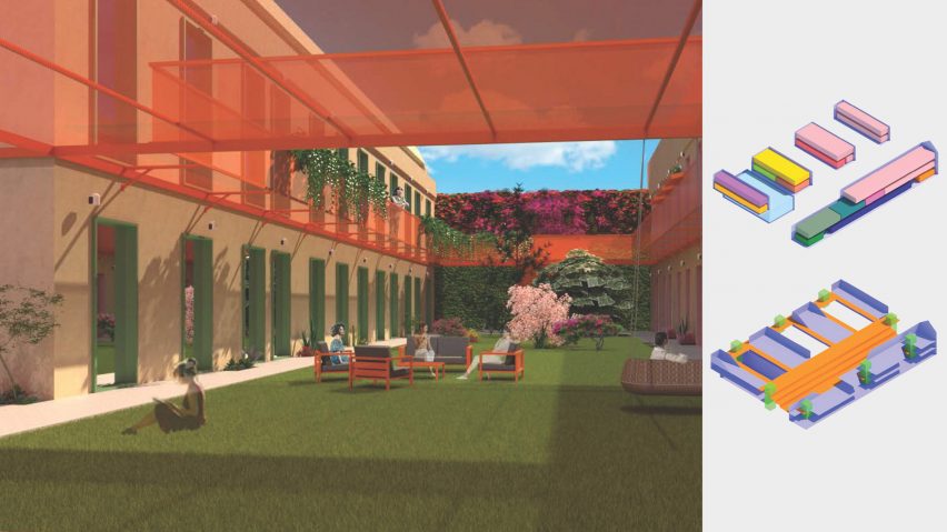 Visualisation of a courtyard space next to colourful diagrams