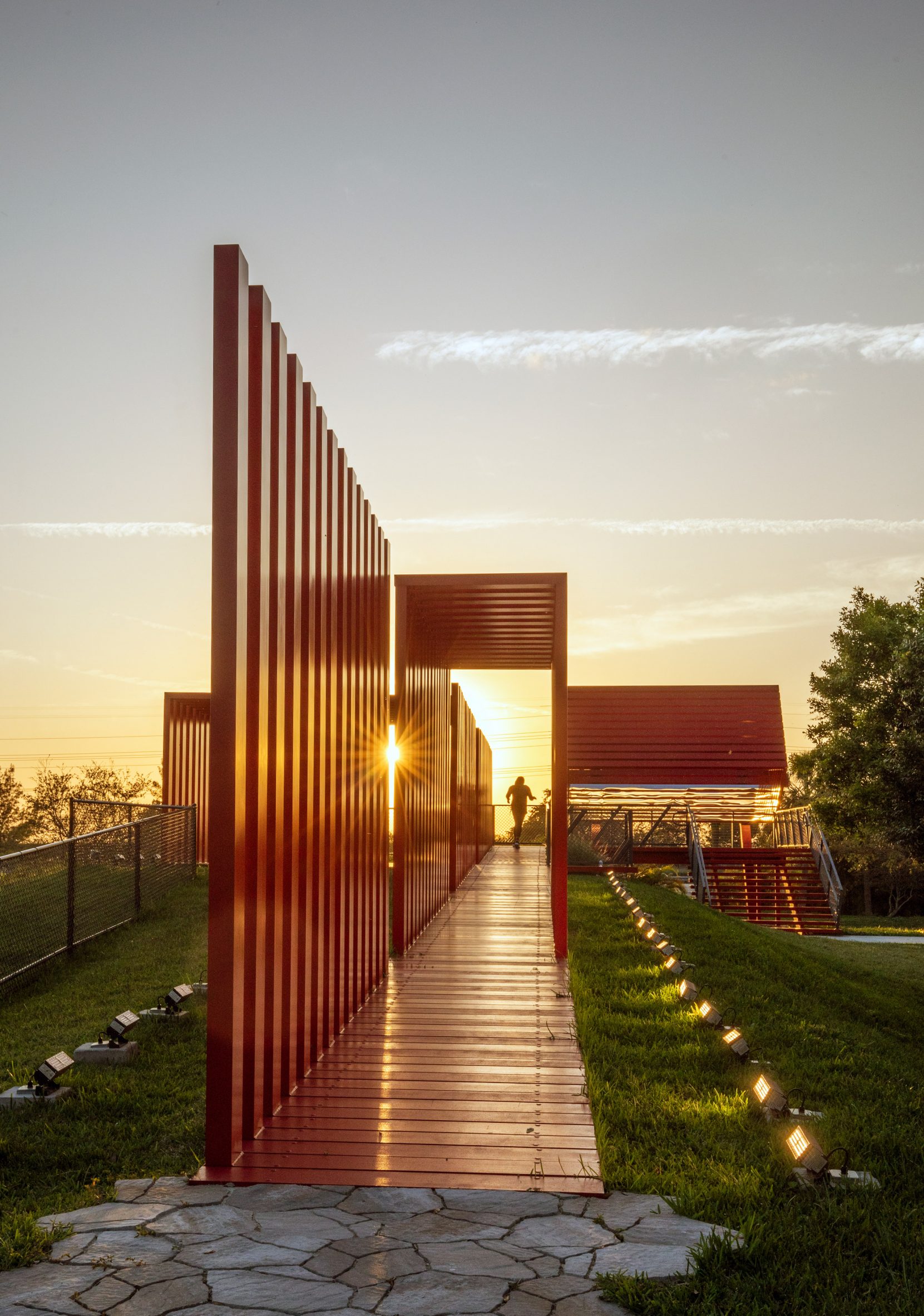 Red walkway at sunset