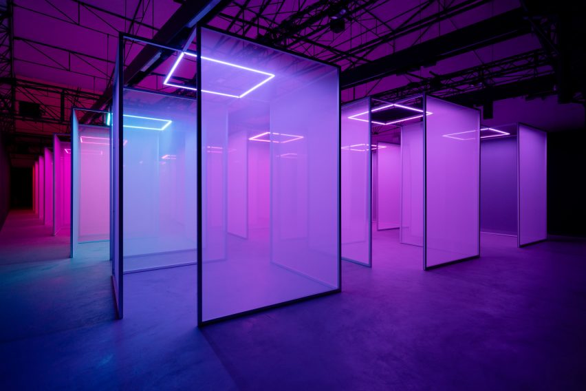 Purple boxes from Making sense of color installation by Chromasonic for Google at Milan design week 2024 