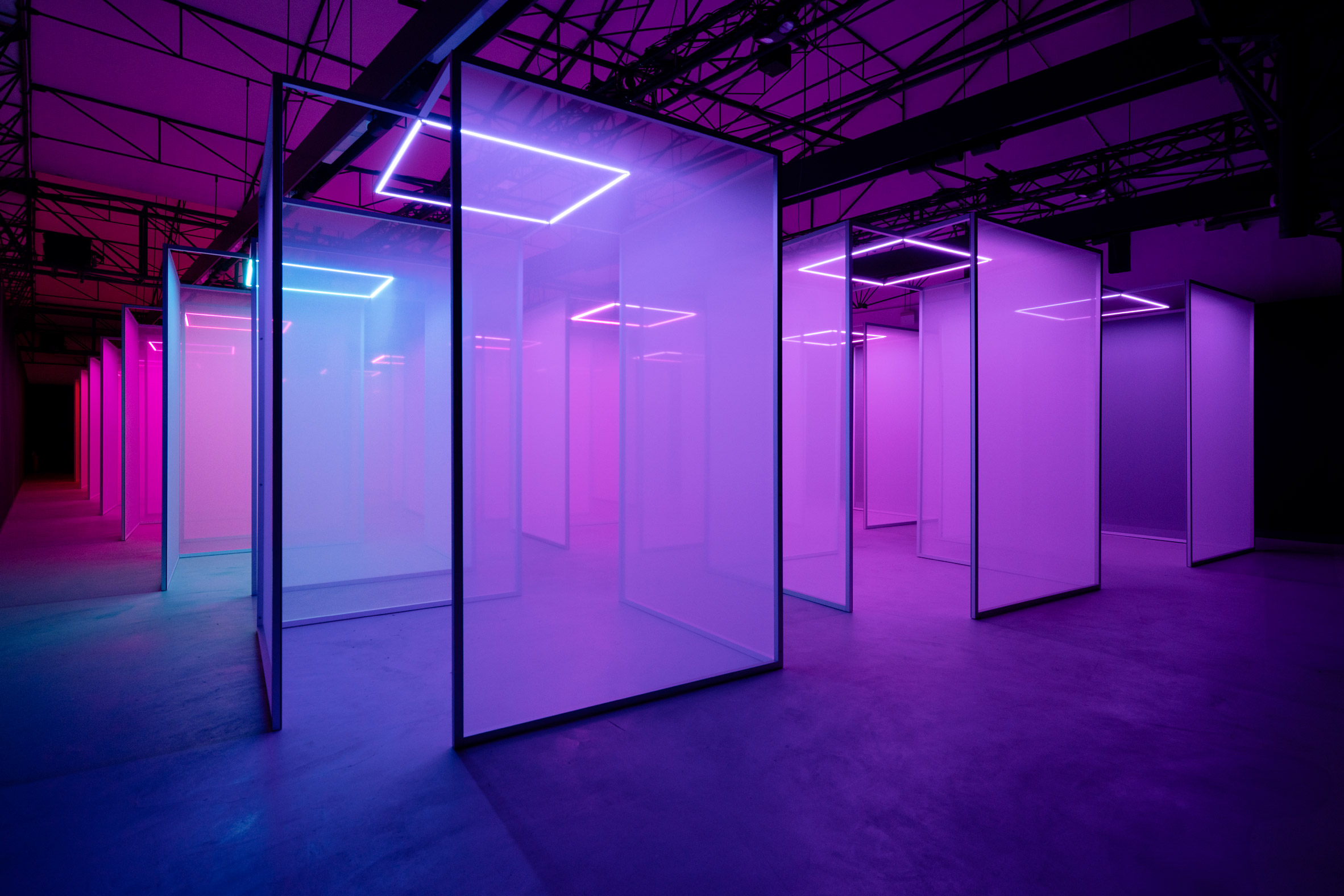 Purple boxes from Making sense of color installation by Chromasonic for Google at Milan design week 2024 
