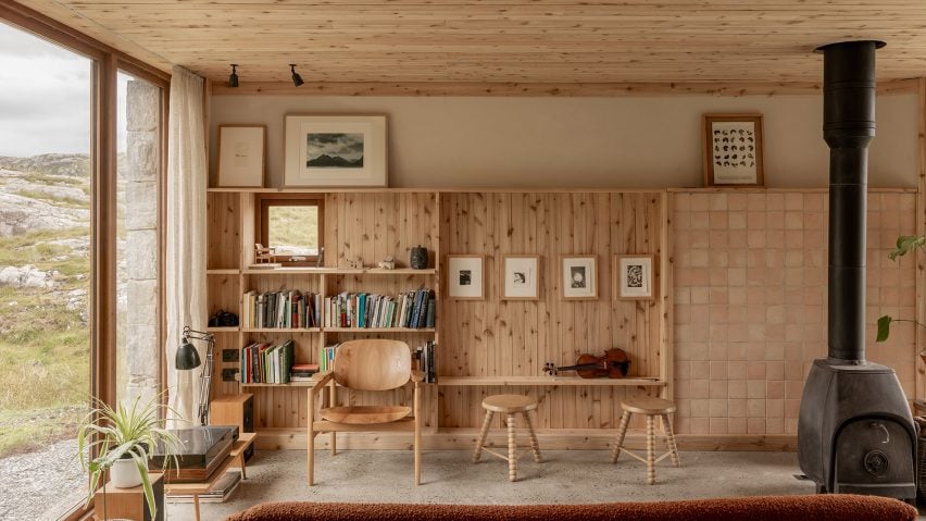 Timber interior of the Caochan na Creige stone house in Scotland by Izat Arundell