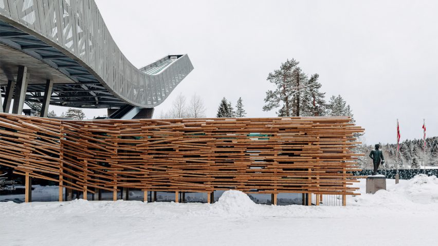 Holmenkollen ski museum extension covered in timber battens by SnÃ¸hetta